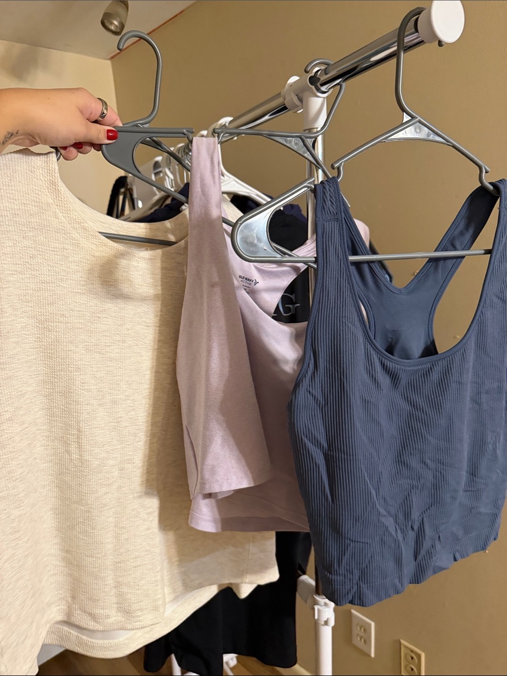Old Navy Ribbed Racerback Tank Top in Navy and purple, tan tank top jockey brand